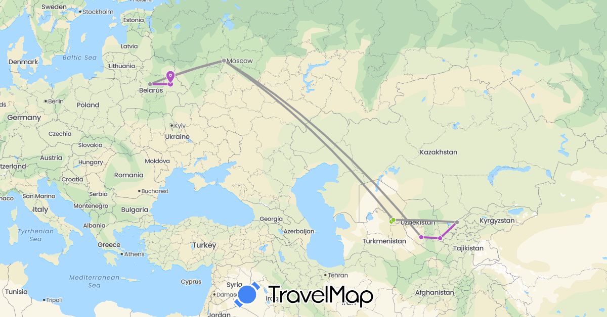 TravelMap itinerary: plane, train, electric vehicle in Belarus, Russia, Uzbekistan (Asia, Europe)